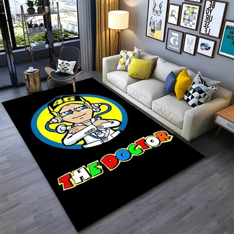 Doctor Cartoon Head Yellow Racing Theme Rug With Number 46 Signature For Living Room And Bedroom Decor