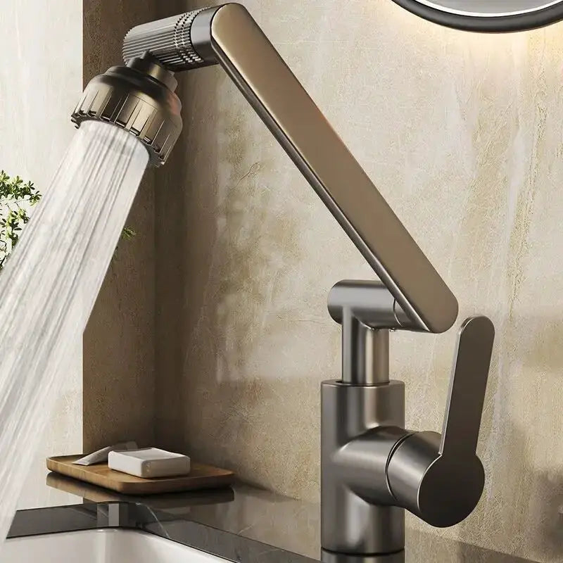 Simples Market dual-mode rotating robotic arm faucet for kitchen sink, bronze finish, hot and cold.