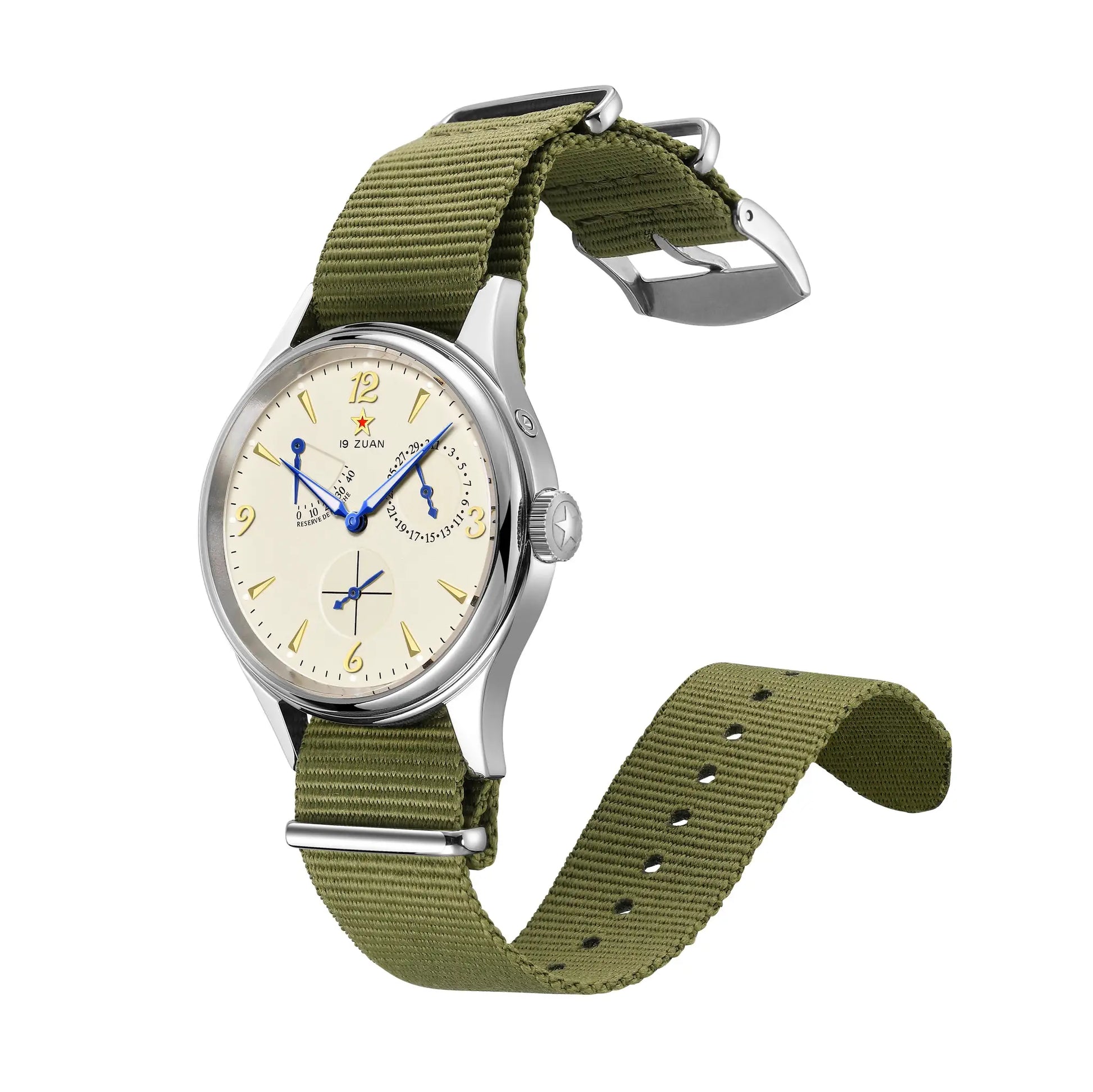 Simples Market 1963 40mm mens pilot automatic watch with Seagull ST17, cream dial, sapphire crystal, olive NATO strap
