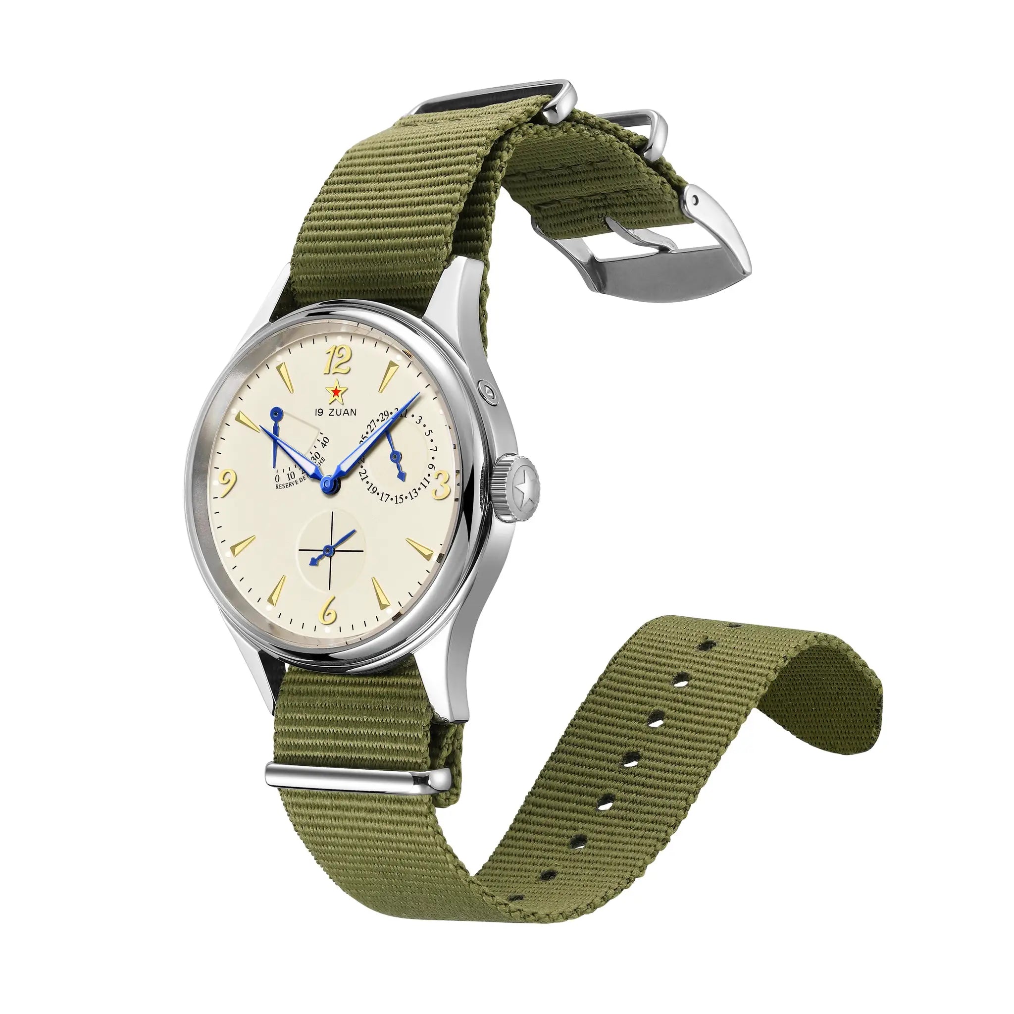 Simples Market 1963 40mm mens pilot automatic watch with Seagull ST17, cream dial, sapphire crystal, olive NATO strap