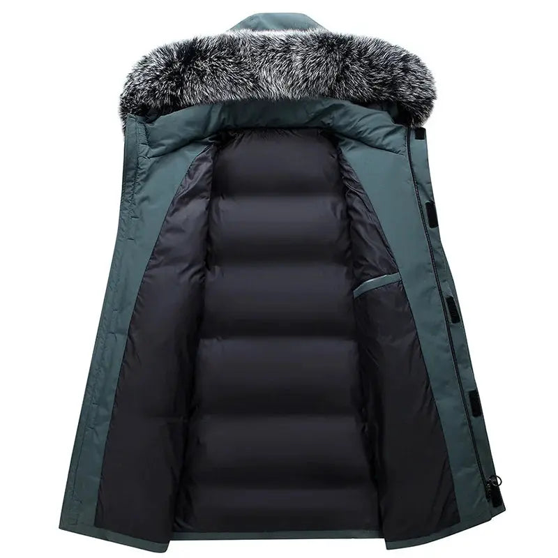 Men's teal fur-trimmed hooded down parka from Simples Market with multiple pockets