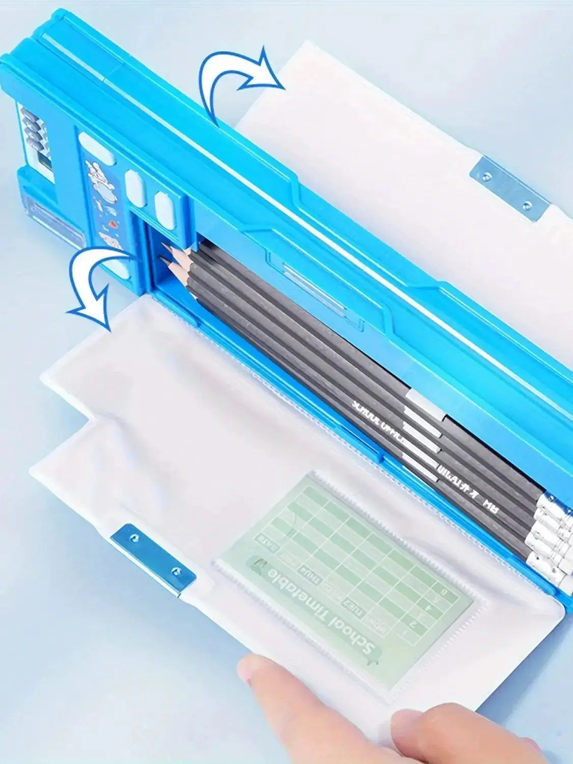 Blue kids multifunctional pencil case with calculator, desk organizer for pens and pencils.