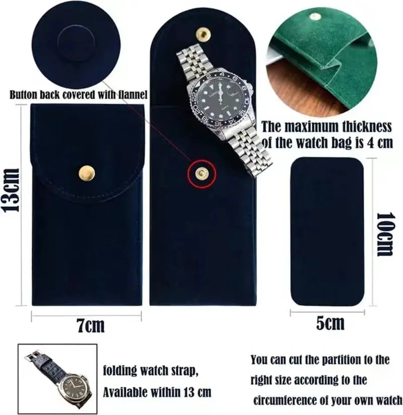 Embers watch bag by Simples Market in blue-black flannelette; compact travel case with snap closure and dust protection.