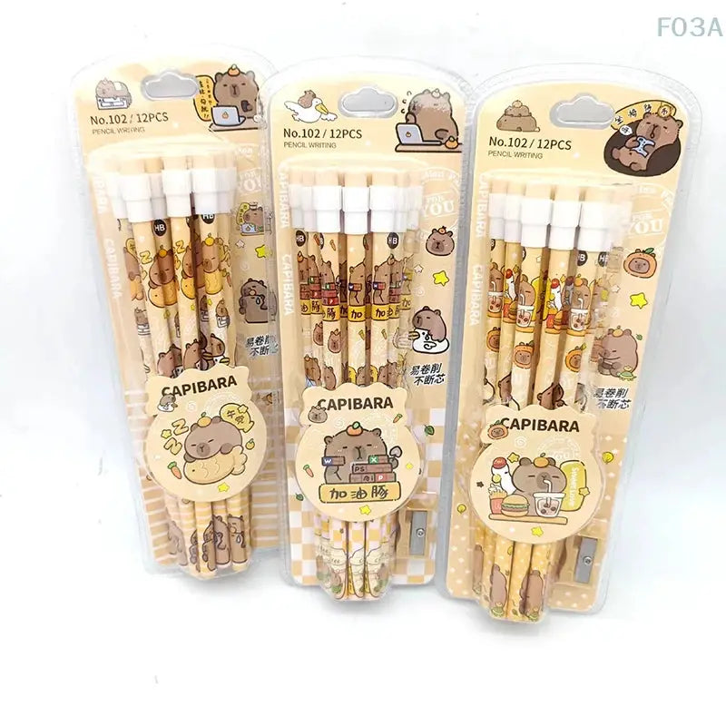 Capybara HB pencils set, 3-pack of 12pcs with sharpener, Simples Market, cartoon designs