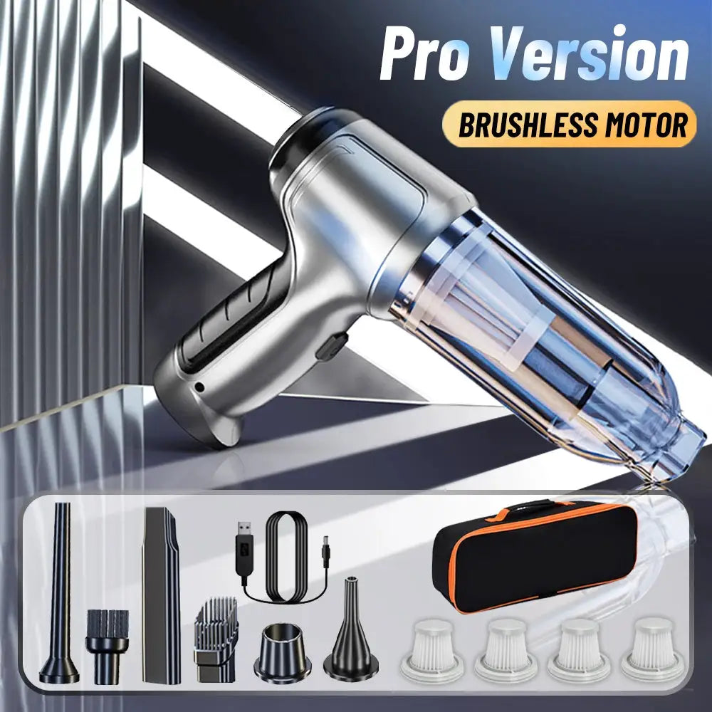 Car vacuum cleaner by Simples Market; wireless handheld with 95,000Pa suction and 9-piece accessory kit.
