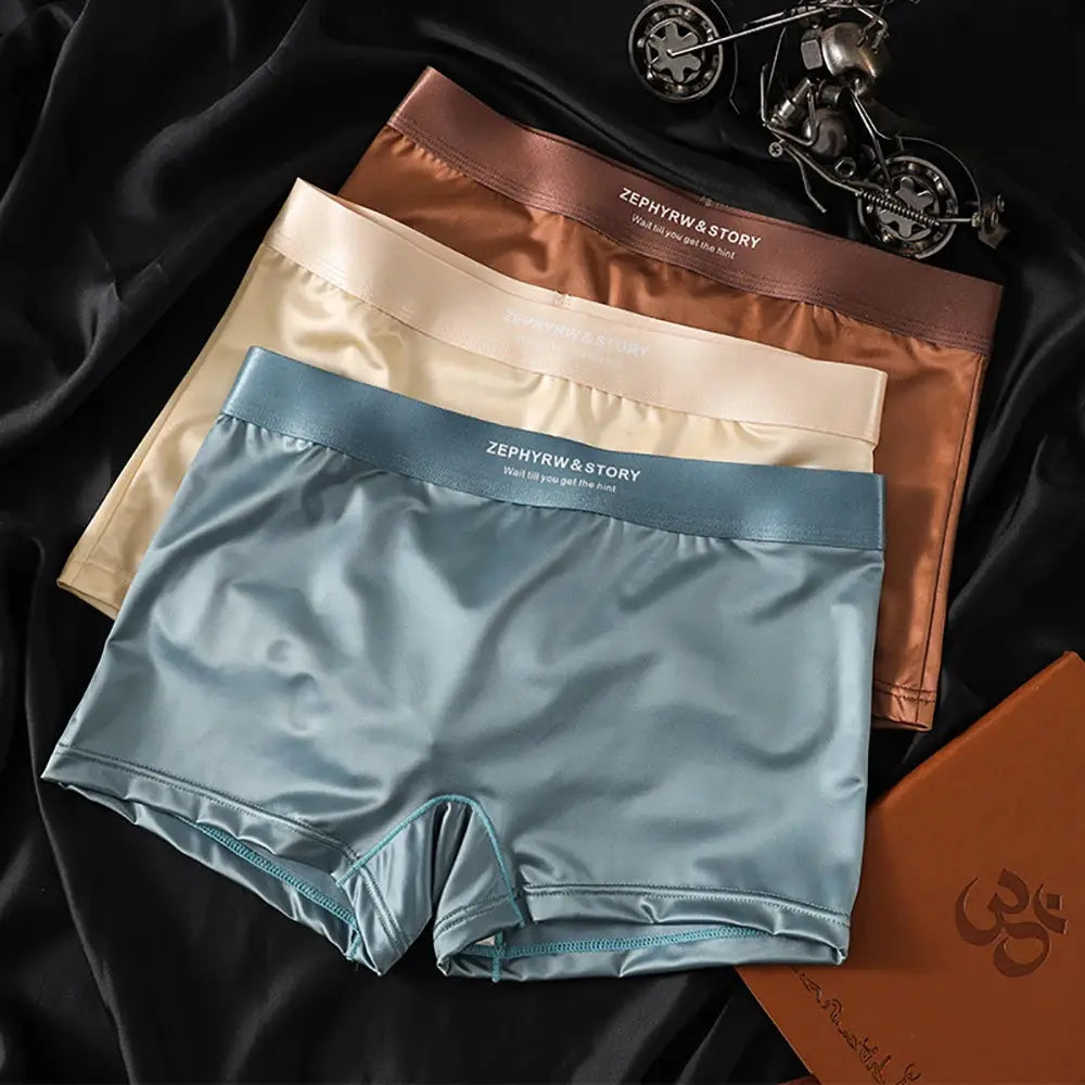 3-pack satin-like women’s panties in blue, beige and brown with ZEPHYRW&STORY waistbands from Simples Market