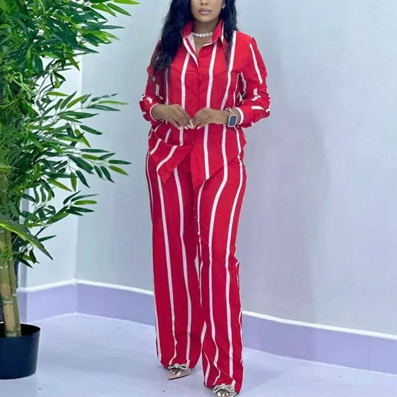African Stripe Two Piece Set Women Spring Button Top Wide Leg Pants