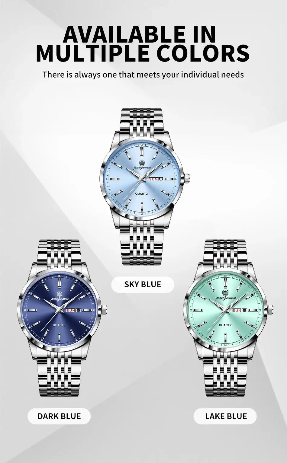 PAAZOMU men's luxury stainless steel watch set in sky blue, dark blue and lake blue with date window