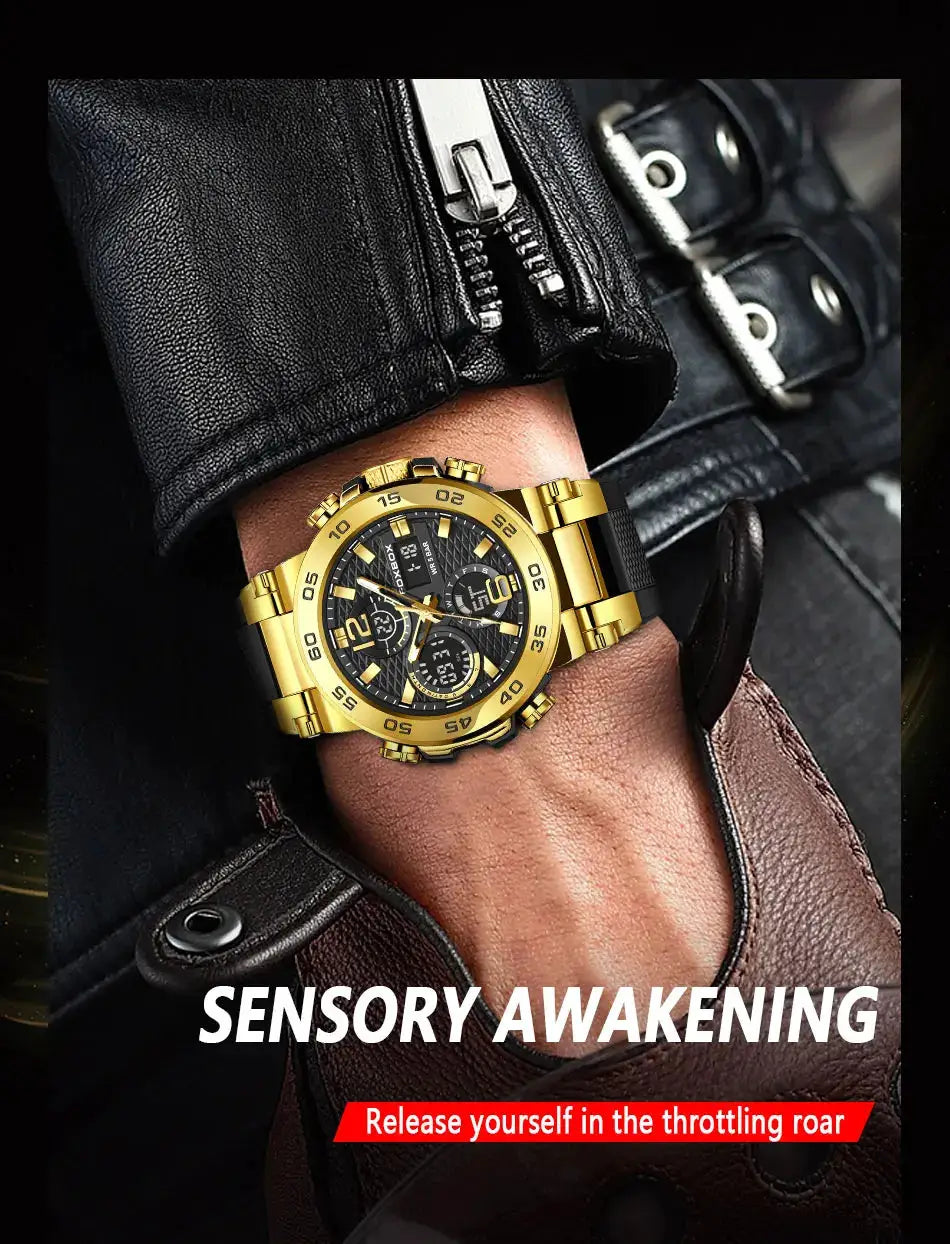FOXBOX men's gold-tone chronograph watch with black dial and stainless steel bracelet