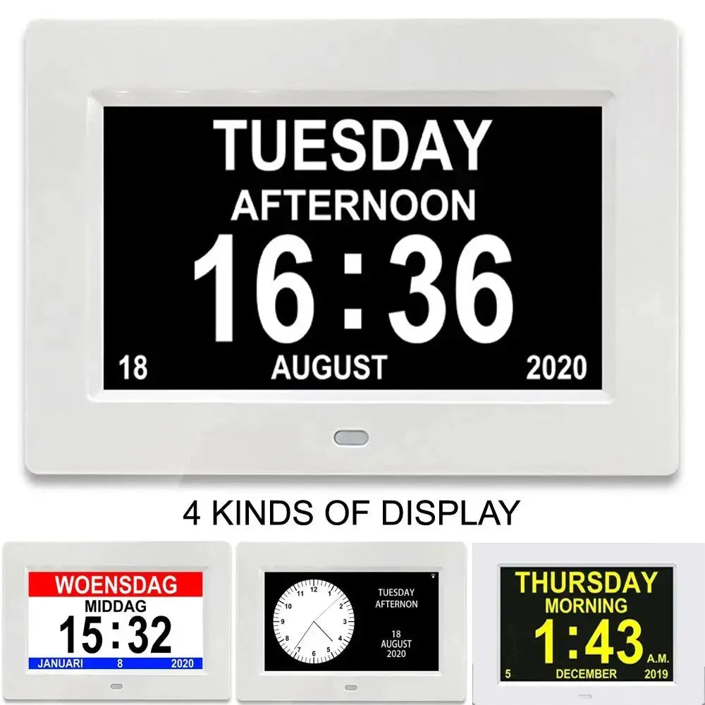 12 Alarms LED calendar clock with multilingual display in white frame for elders