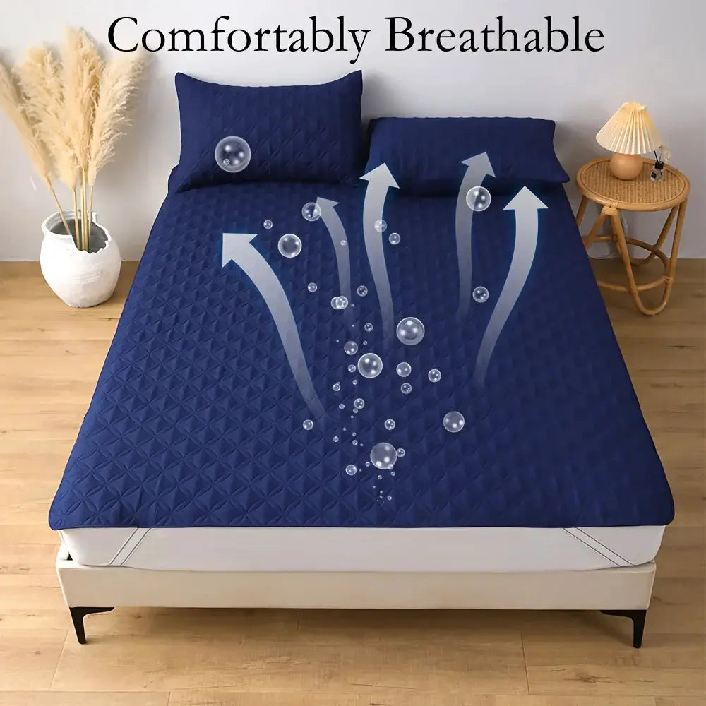 Waterproof mattress protector with elastic band, blue quilted cover for bed