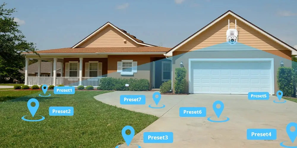 4MP PTZ WiFi outdoor white security camera with 4x digital zoom mounted on a house roof