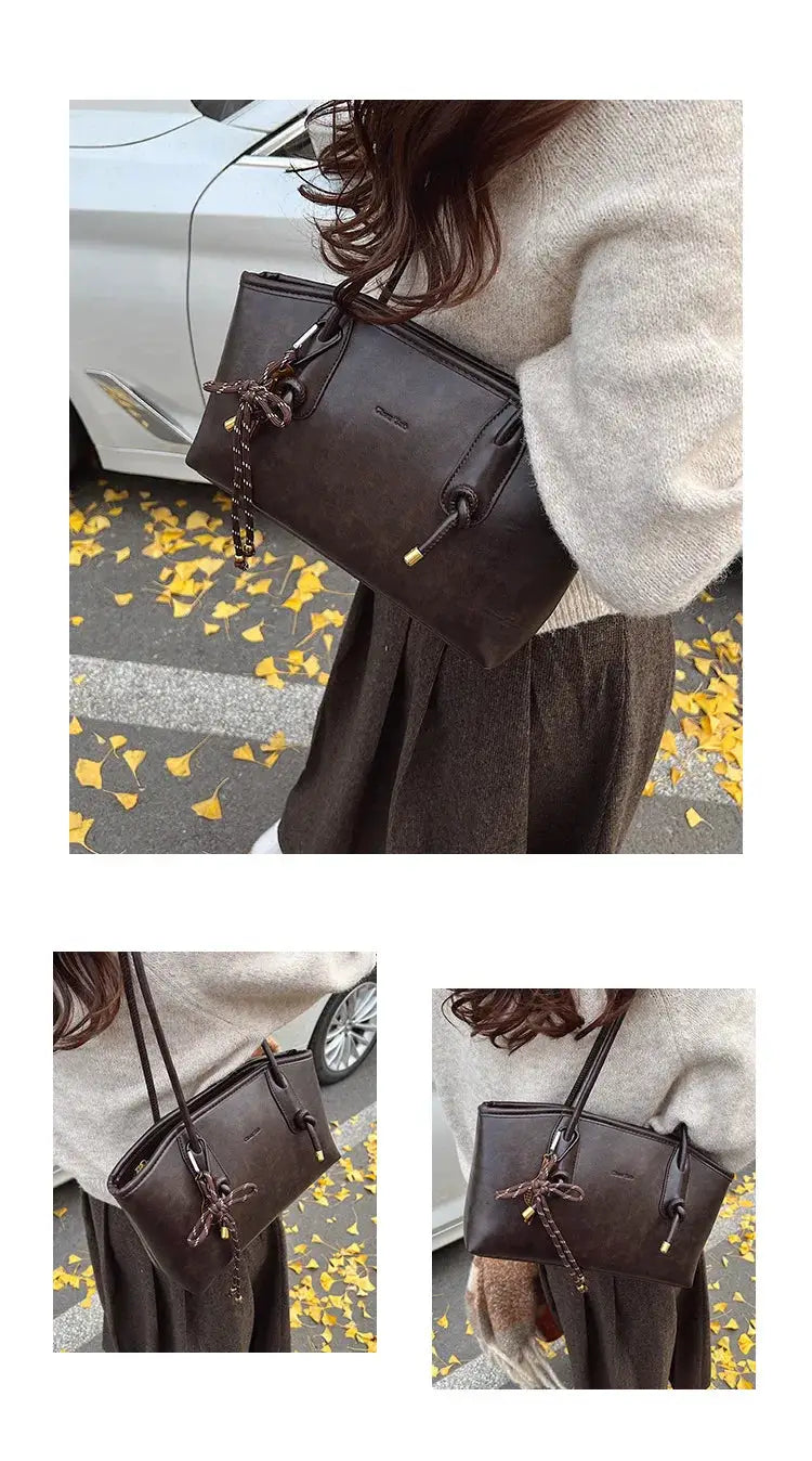 PU Leather shoulder bag in brown with long strap and knotted scarf charm, women's crossbody tote