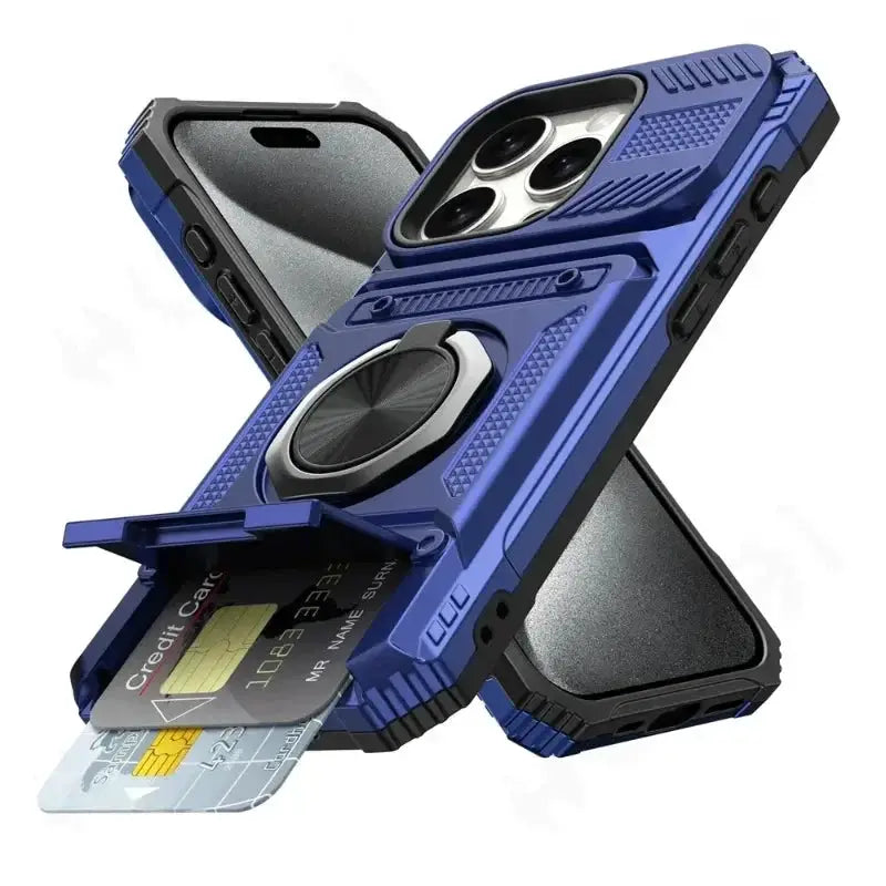 ShieldTech Pro Wallet Case For iPhone 7 To 16 Pro Max Magnetic Ring Kickstand And Card Slots Heavy Duty Drop Guard