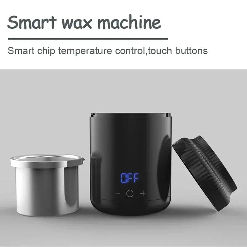 3-piece wax heater set with white wax pot and black lid; black main unit with blue digital display and touch controls.