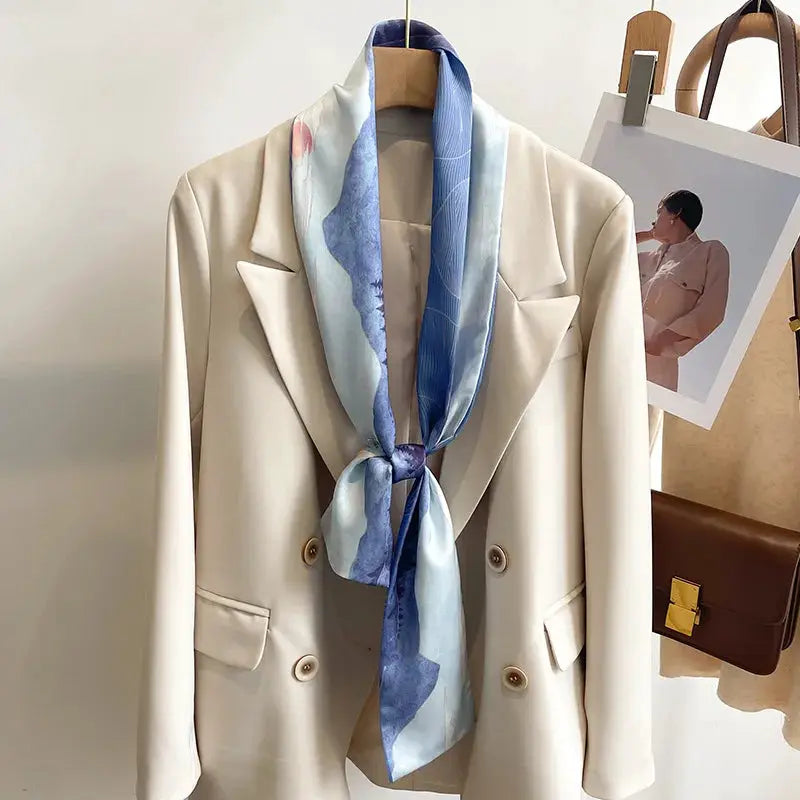 LuxeSilk Silk Feel Printed Design Scarf Versatile Long Narrow Silk Shawl For Fashionable Styles