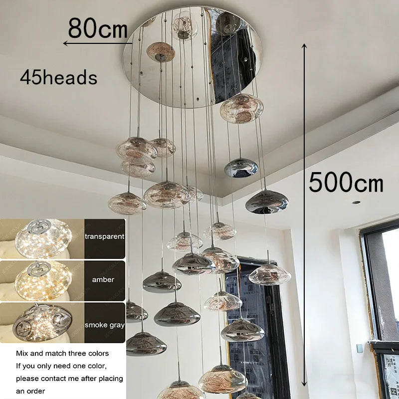 Simples Market modern dining room LED pendant lights, 45 glass pendants on a chrome canopy in transparent/amber/smoke gray