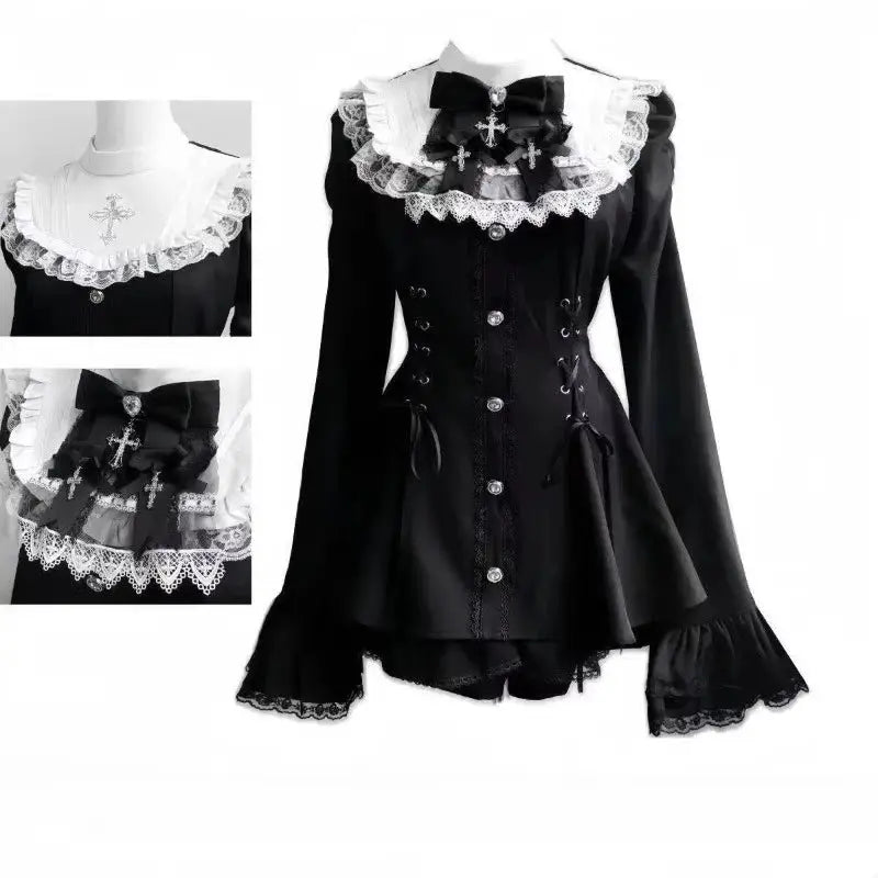 Japanese Gothic Lolita Dress Set Women Harajuku Y2K Bow Lace Ruffles