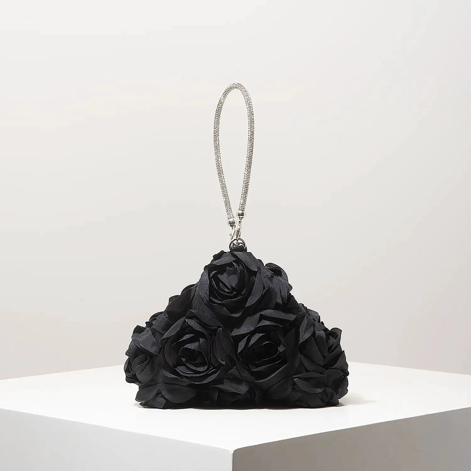 Mini black rose bouquet purse with rhinestone strap, bridal party clutch.