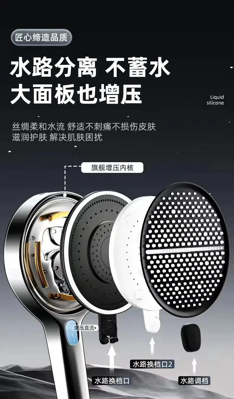 Simples Market 15cm black shower head with 4 modes, exploded view of internal panel and nozzles