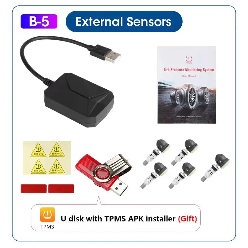 Simples Market TPMS tire pressure monitoring system kit with USB receiver, 6 sensors, manual, and gift USB drive
