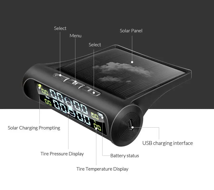 E-ACE solar-powered TPMS tire pressure alarm monitor by Simples Market with digital display and solar panel