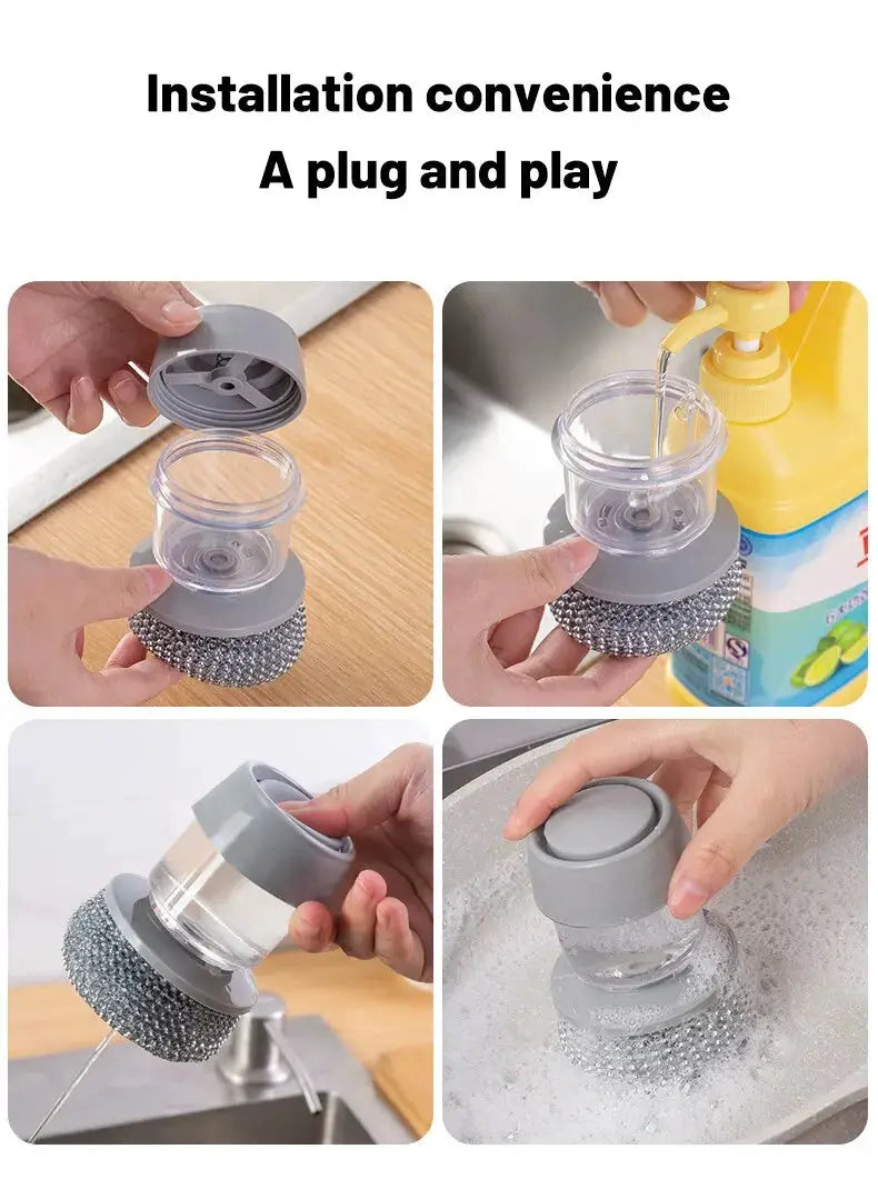 Simples Market 1pc portable soap-dispensing dish brush with grey plastic body and silicone scrubber