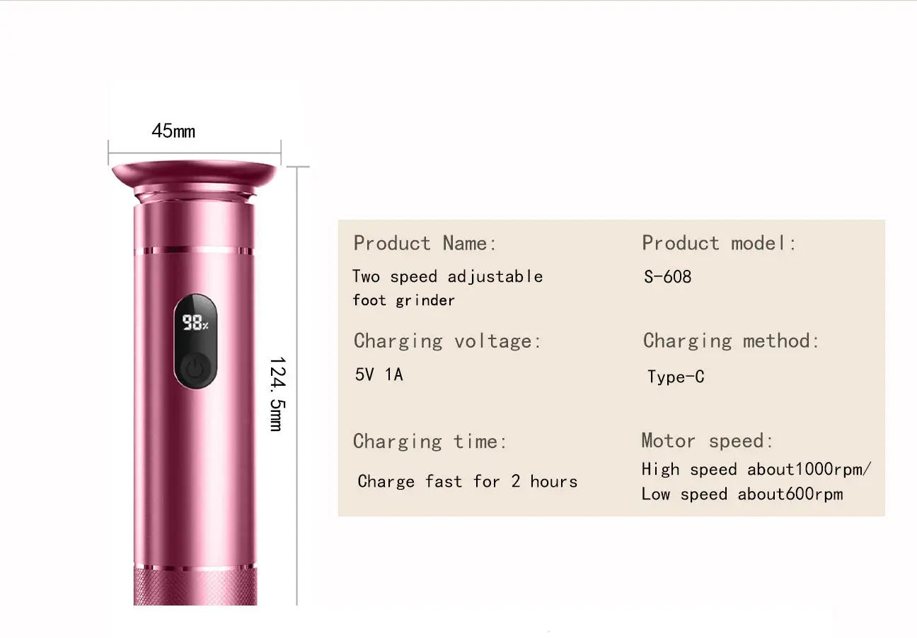 Simples Market pink aluminum foot grinder with dual Type-C/battery power, two-speed callus remover.