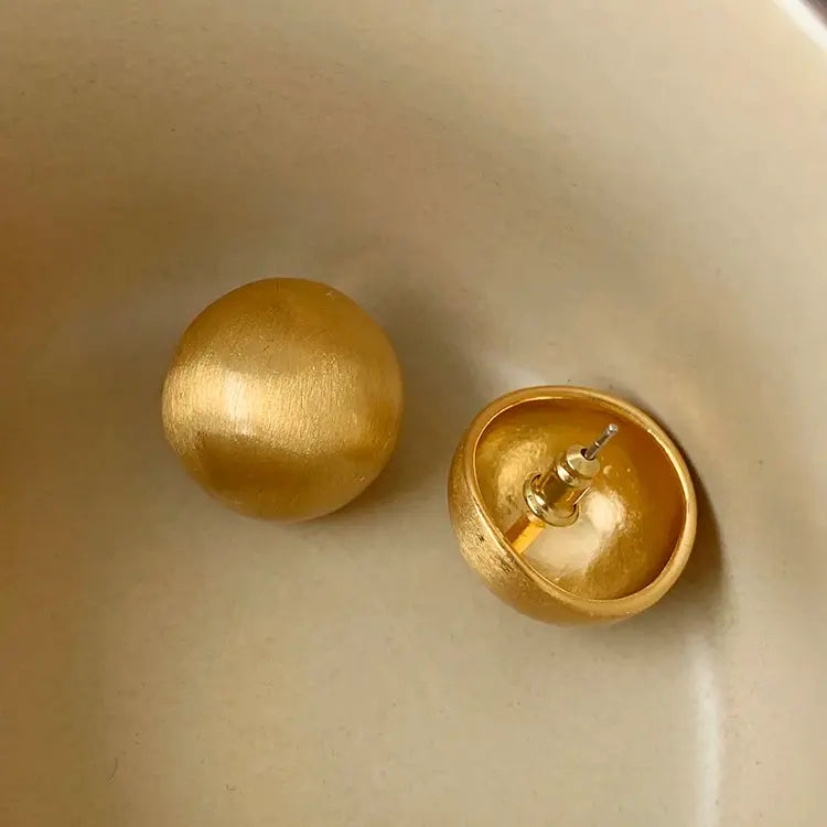 Semicircle stud earrings, gold-toned brushed frosted metal, pair for women.
