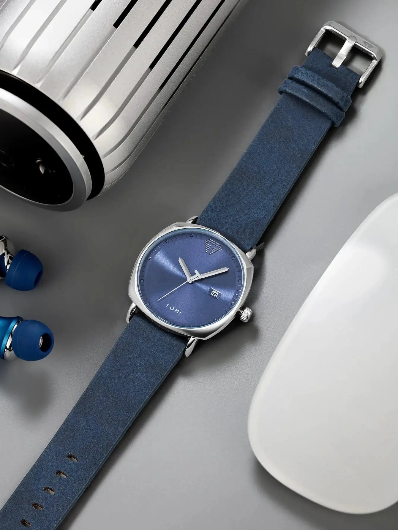 TOMI men's blue minimalist watch with leather strap and calendar window