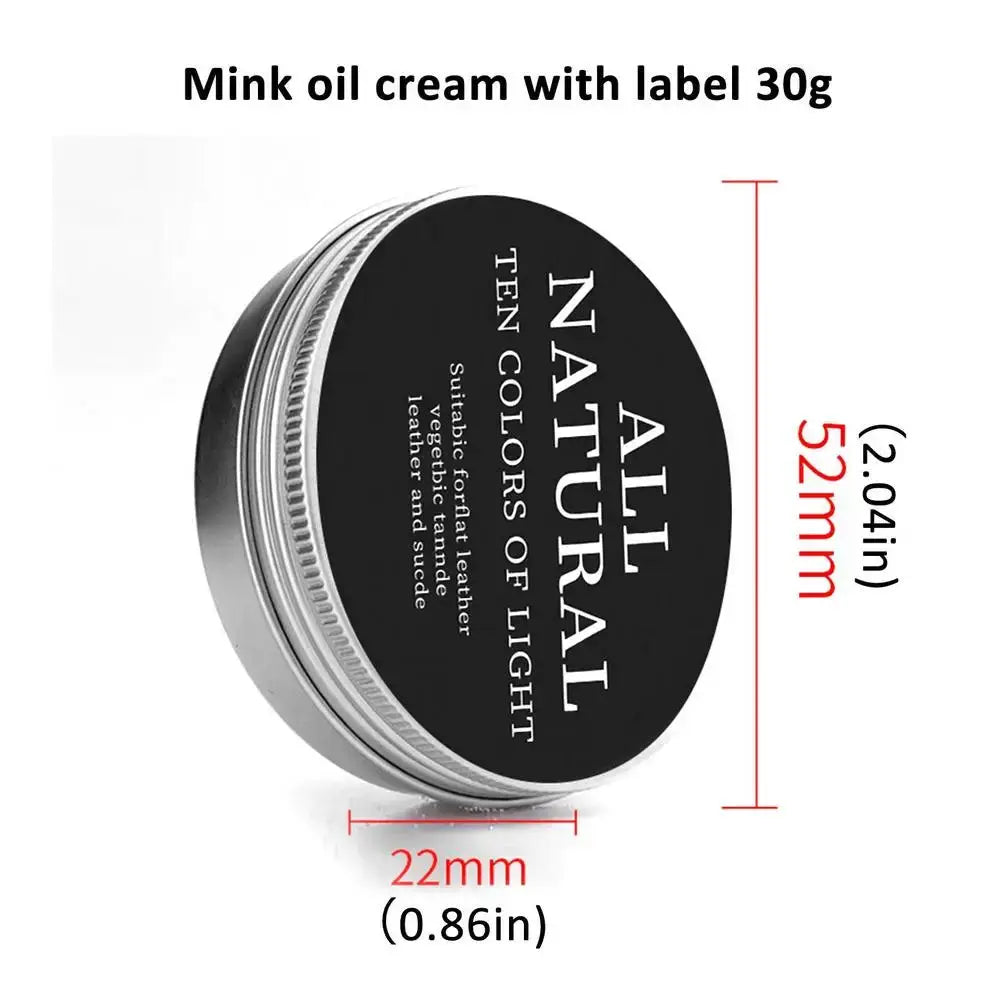 Leather care mink oil cream tin with natural black label, 30g, metal container, 22mm dia, 52mm tall