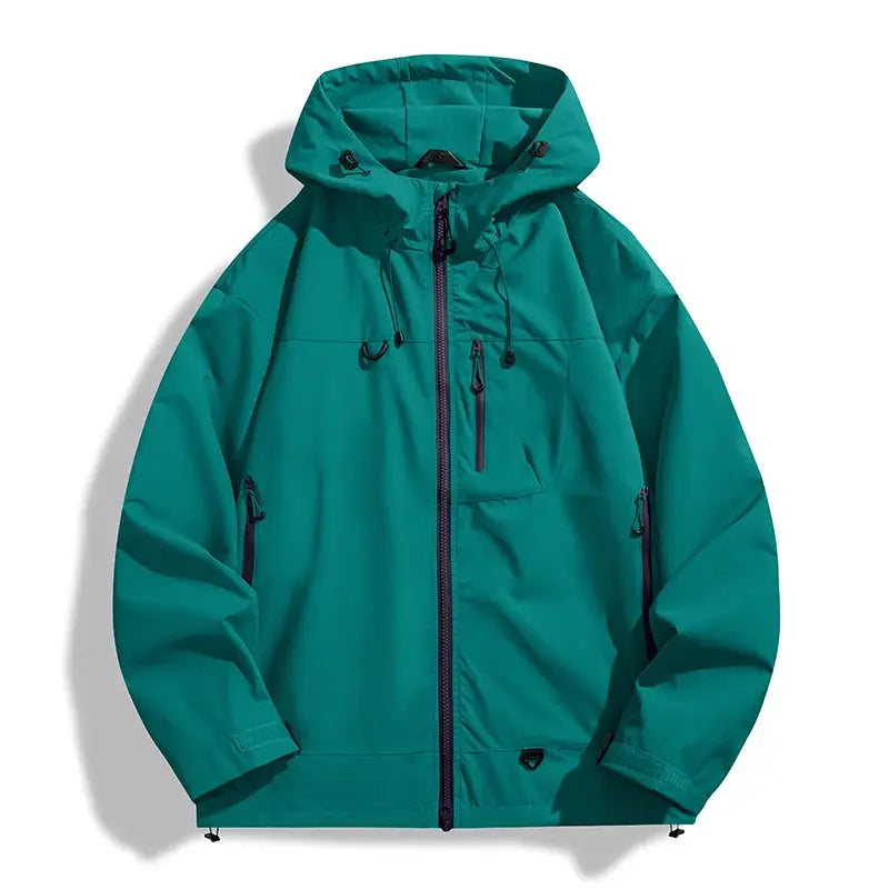 JNLN unisex teal waterproof windbreaker with hood, zip pockets, outdoor rain coat by Simples Market
