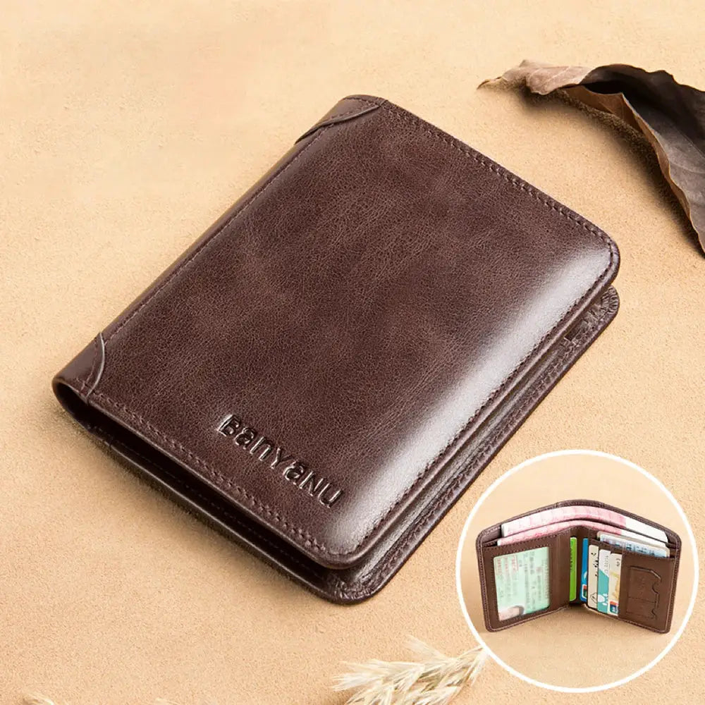 Brown PU leather RFID wallet for men; slim vertical card holder with multiple slots.