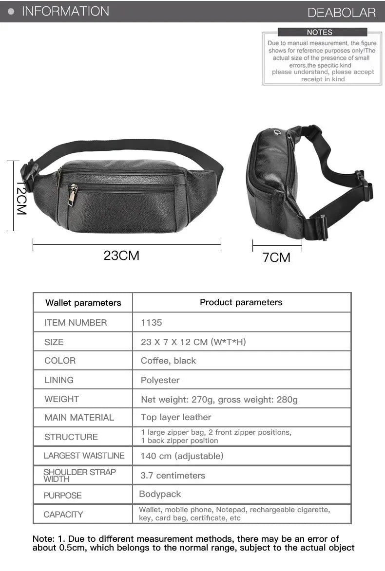 Men's genuine leather chest bag crossbody by Simples Market in black with front zipper pocket and adjustable strap