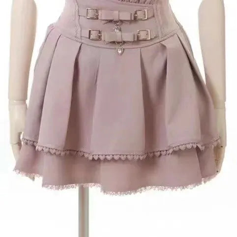 Lilac lolita-style layered skirt with lace trim and double-buckle waist belt