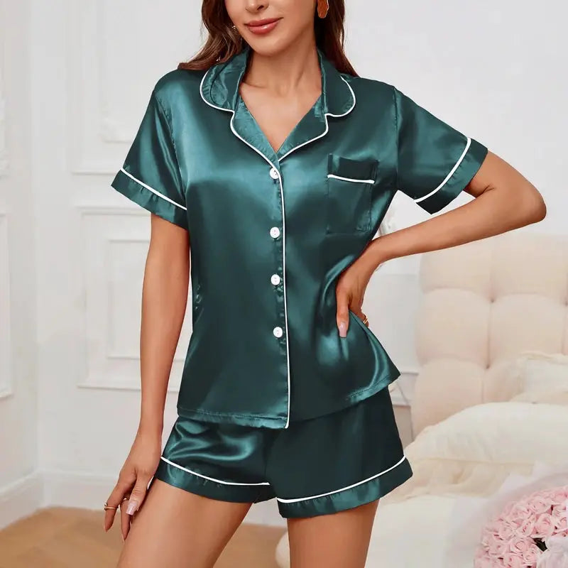 LuxeDream Satin Sleepwear Set Women Button Down Top And Shorts 2 Piece Pajama Set Silky Comfort For Summer