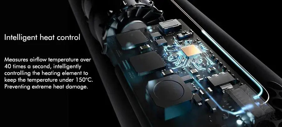 6-in-1 hair styler close-up showing intelligent heat-control circuitry in a black housing