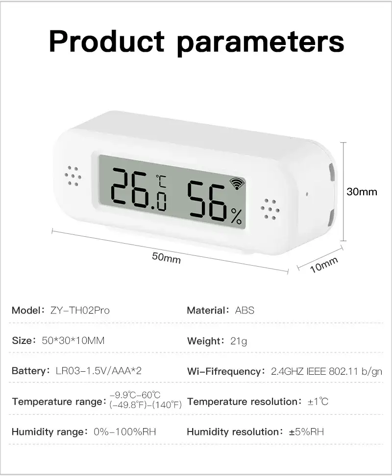 Simples Market Tuya WiFi Mini Thermometer Hygrometer in white ABS; smart home sensor with LCD showing 26°C and 56% RH