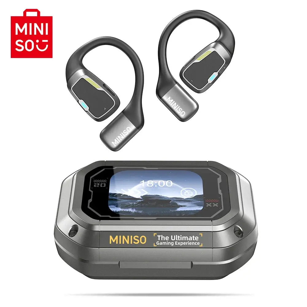 MINISO M98 wireless headphones with 2 earbuds and LCD touch-screen charging base in metallic gray.