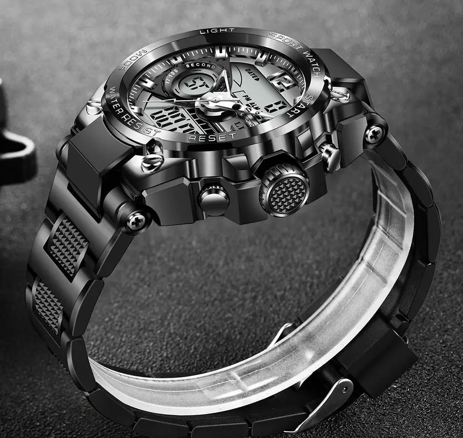 LIGE men's military sport watch with digital-analog display, black stainless steel band, 50m water resistant