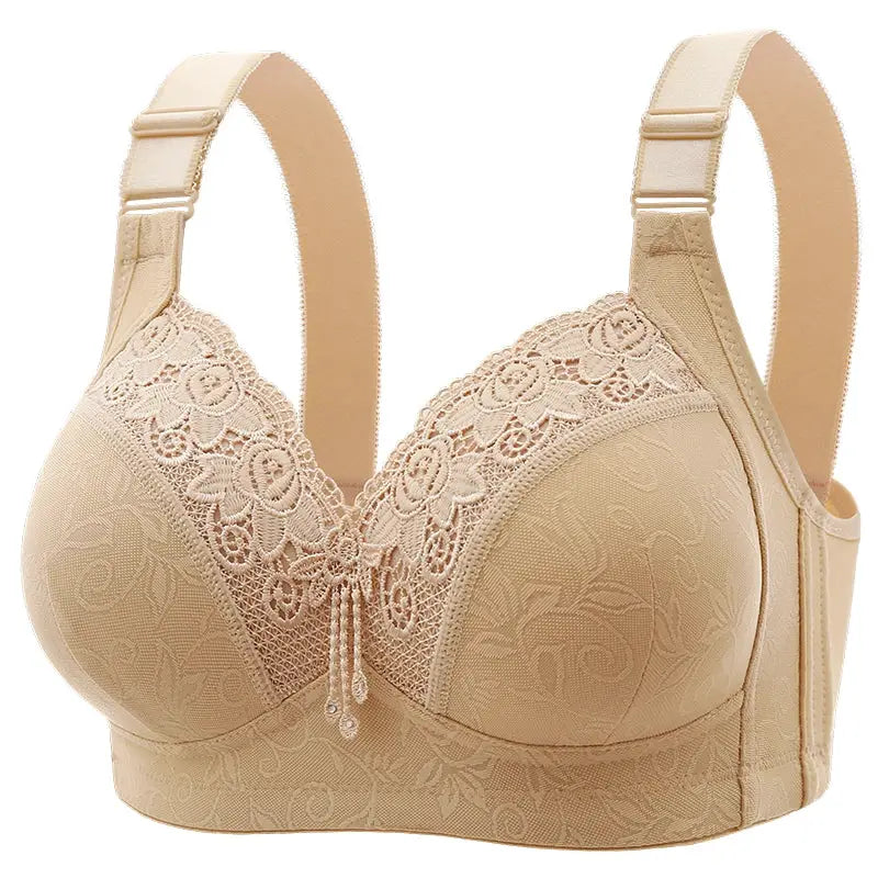 Beige lace bra with floral cups, adjustable straps, central charm
