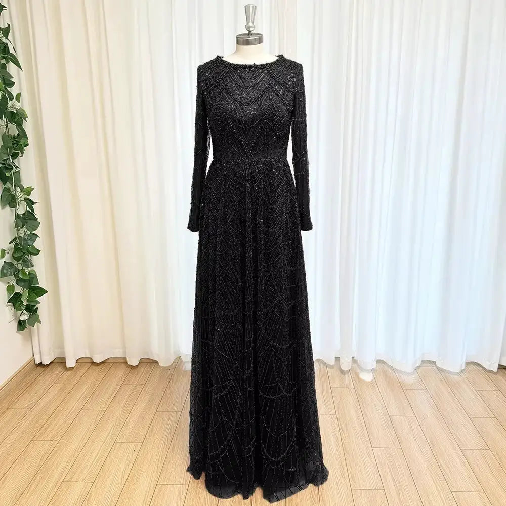 Mina Luxurious Beaded Sequin Dress Long Sleeve Round Neck Formal