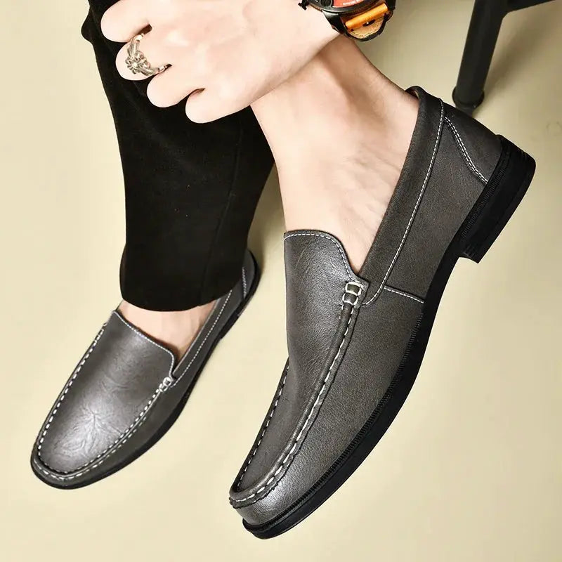 Simples Market men's leather slip-on dress loafers, grey with white contrast stitching