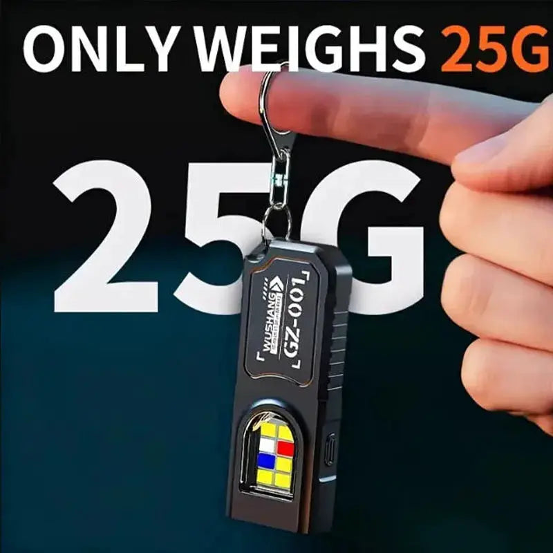 Powerful mini COB LED keychain flashlight, USB-C rechargeable, black plastic body with hanging keyring