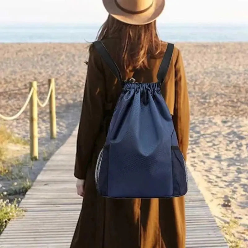 Backpack drawstring bag, navy blue, large capacity, unisex casual travel bag with mesh side pockets