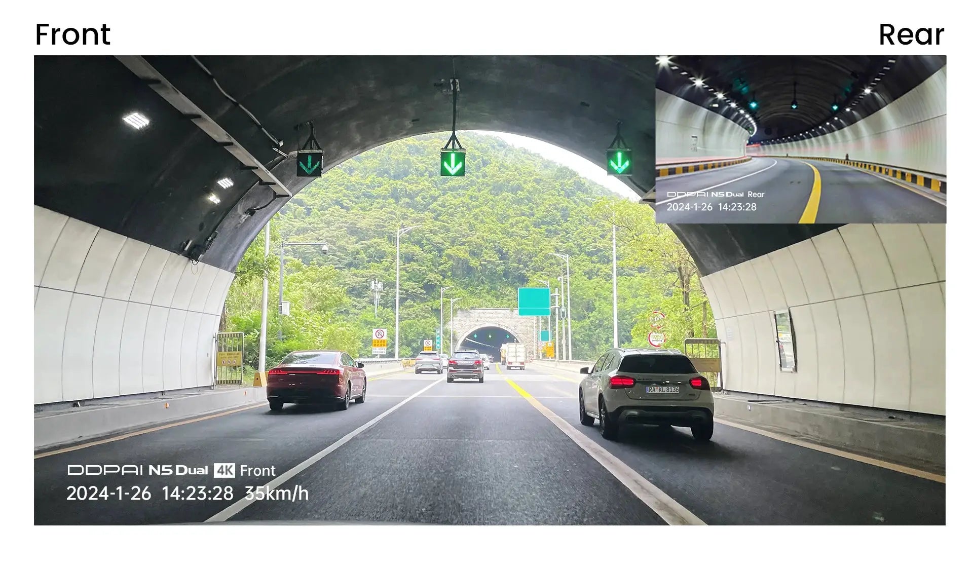 DDPAI N5 Dual 4K dash cam; front and rear views with an inset rear camera display during tunnel drive