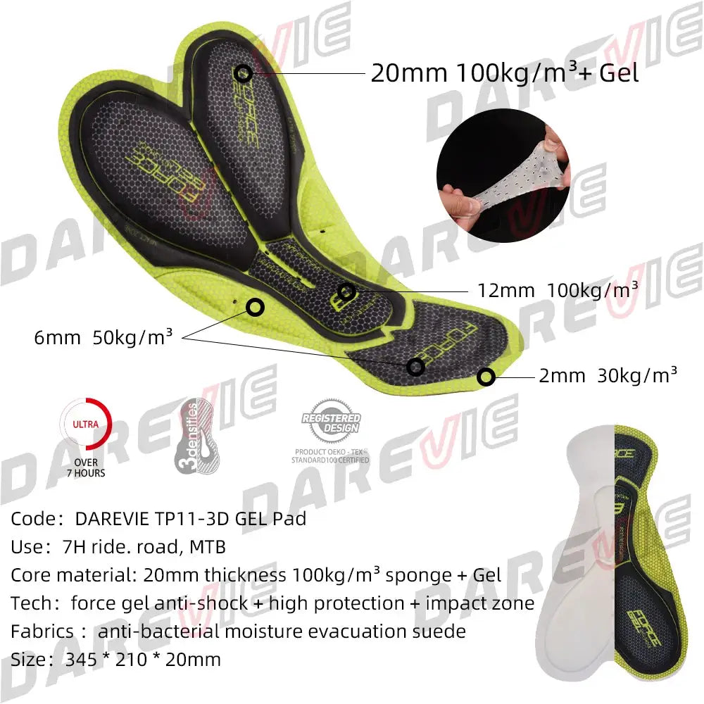 DAREVIE men's cycling shorts with 3D gel pad, lime green/black, breathable, 7cm leg gripper