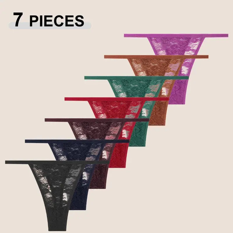 7-piece set of women's lace G-string thongs in assorted colors with floral lace, low-rise