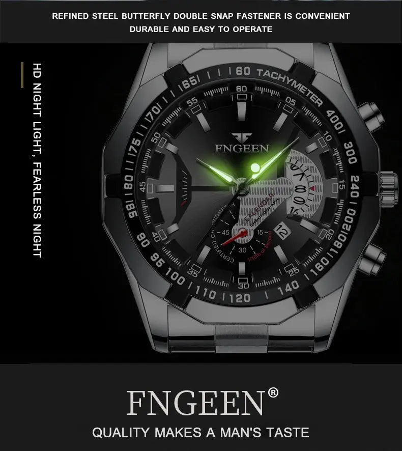 FNGEEN men's stainless steel wristwatch with luminous green hands, date function, and tachymeter bezel