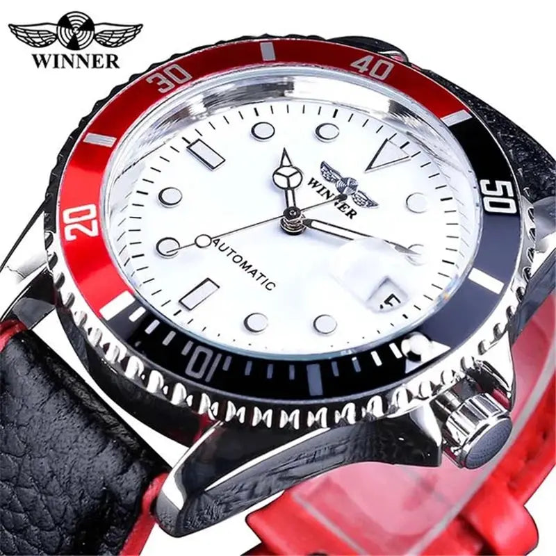 Winner 002 Automatic Mechanical Wristwatch Luminous Hands And Date Display Stainless Steel And Leather Strap For Men